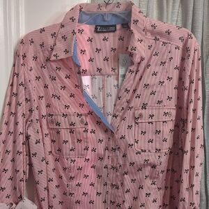 Pink Striped Button-Up with Black Bow Print